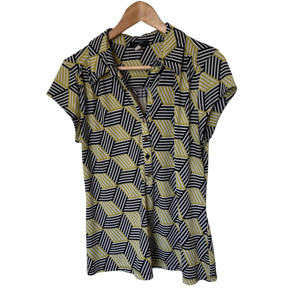 Alfani Blouse Women P/L Green Black Excellent Geometric Op Art Cap Sleeve Top
